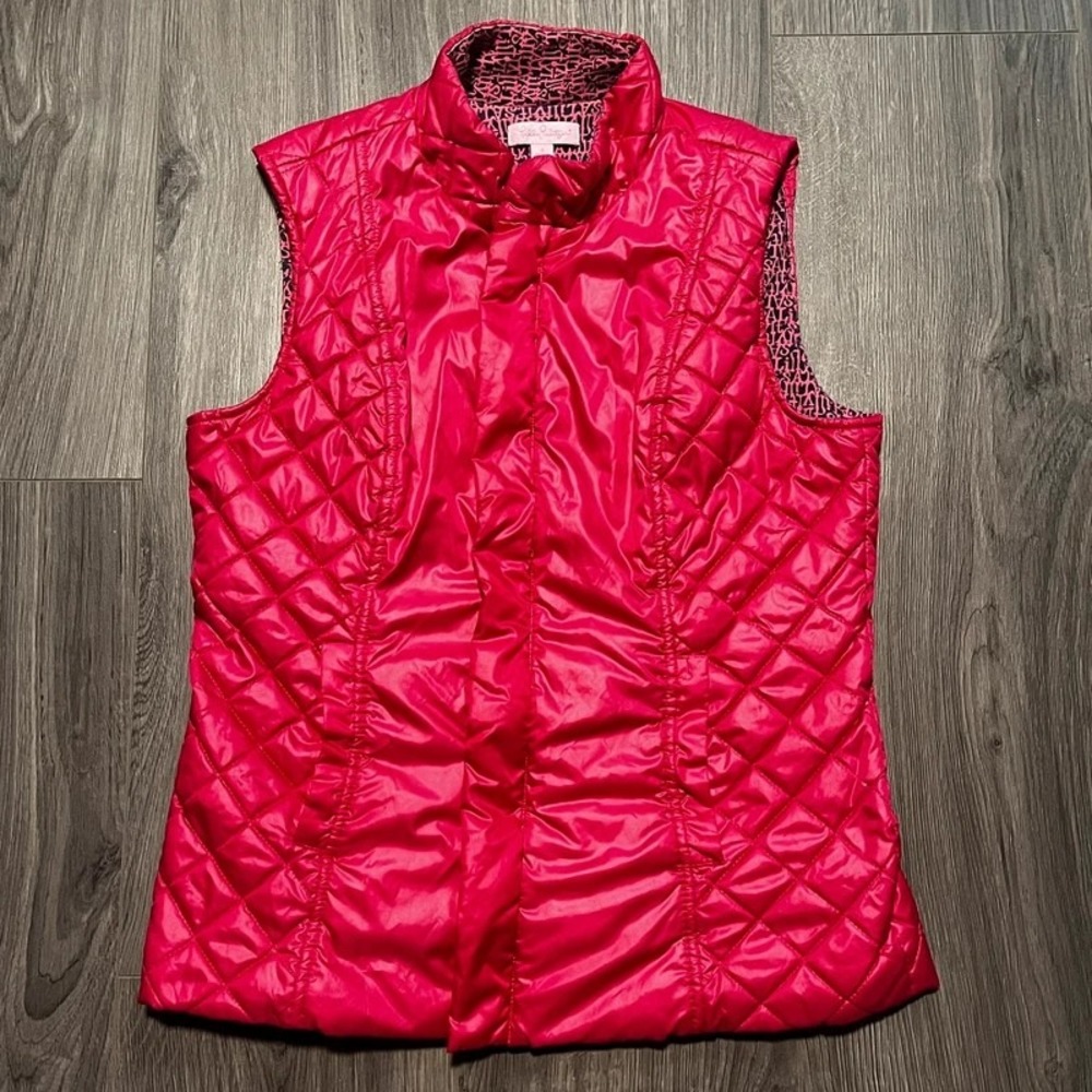 Lilly Pulitzer Women's Small Hot Pink Quilted Puffer Vest Printed Lining
